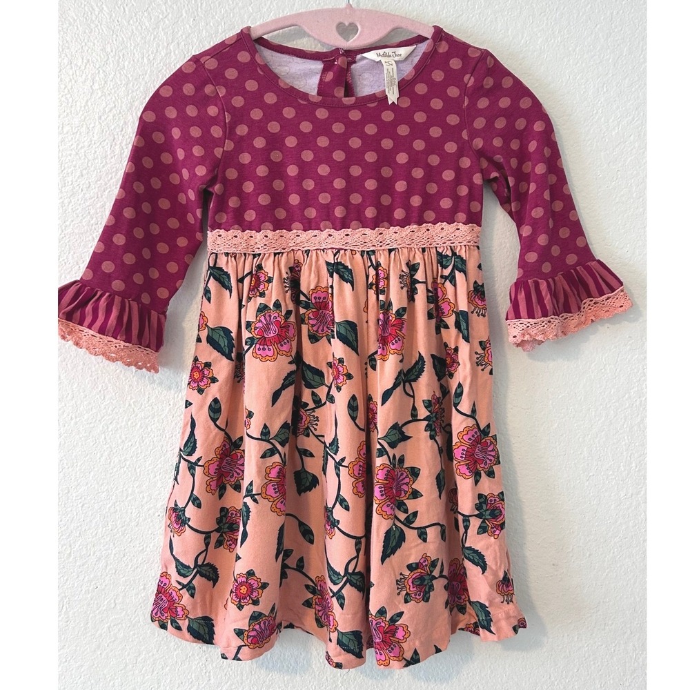 Matilda Jane Girls SZ 6 Mixed Media Polka Dot Floral Lace Trim Dress Plum Peach